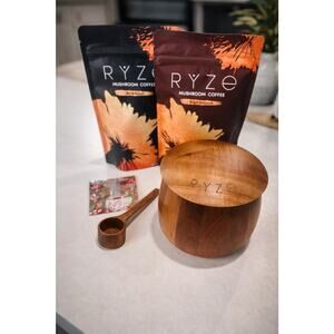 RYZE Mushroom Coffee Set x2 /Wood Canister /Scoop /Magnet New